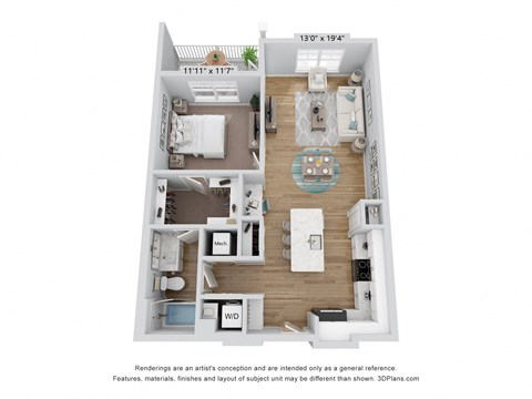 Floor plan for 1 bed, 1 bath, 889 sqft